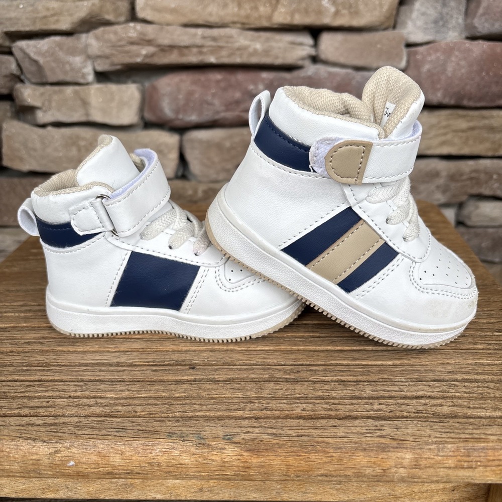 First Step by Stepping Stones Baby Boy Sz 4 White Blue Tan High Top Sneakers